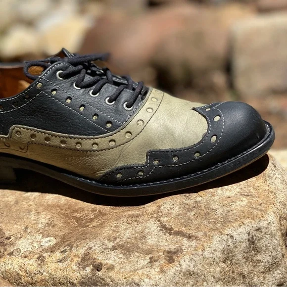 John Fluevog Adrians Amanda Saddle Shoe Loafer Leather Size 8 Womens Black Khaki - Picture 5 of 16